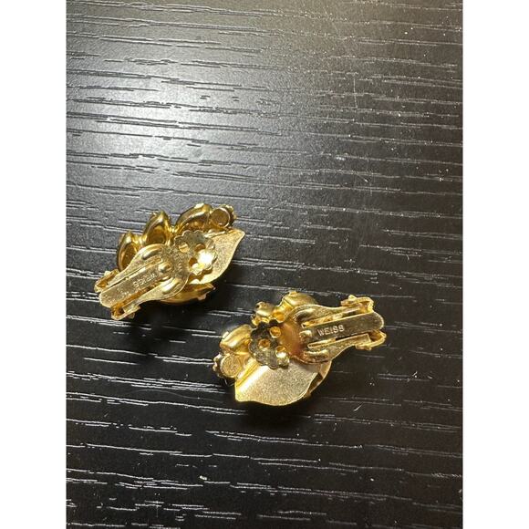 Vintage Weiss Signed Amber Rhinestone Gold Tone Floral Leaf Clip On Earrings - Picture 5 of 10